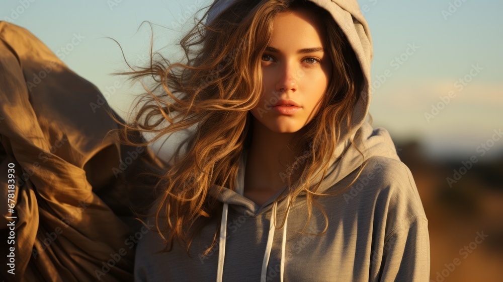 Young Woman with Flowing Hair in Hoodie at Golden Hour in the Countryside