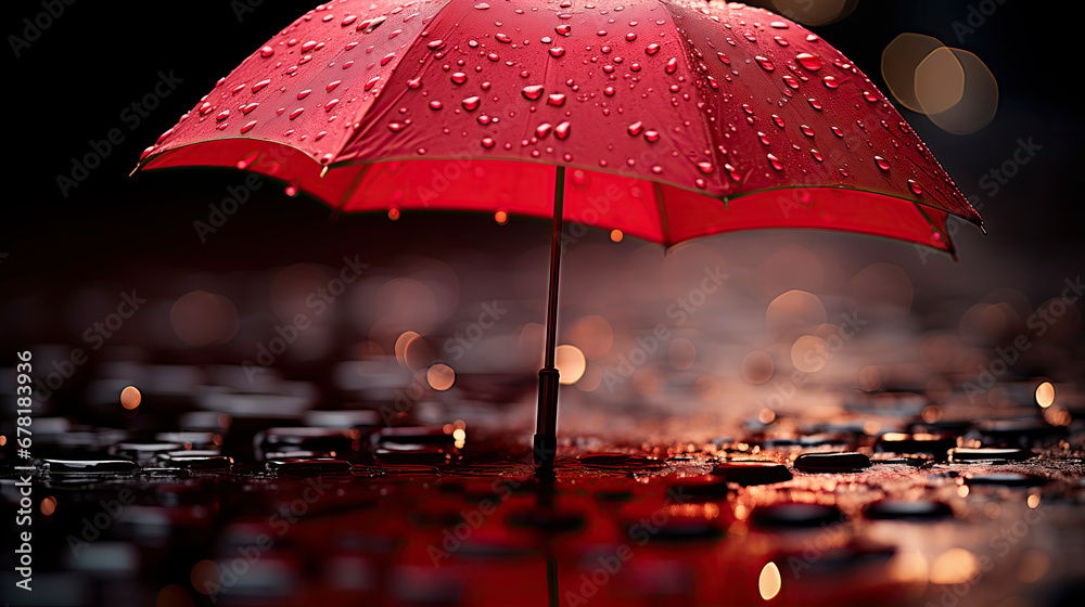 A Vivid Splash of red Color on a Rainy umbrella