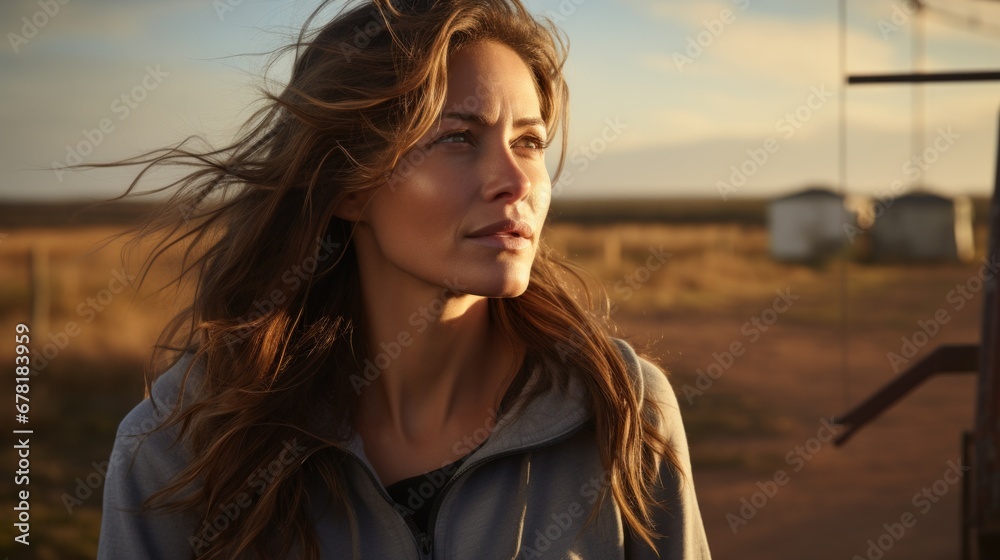 Frau mit brünetten langen Haaren auf einem offenen Feld schaut sehnsuchtsvoll in den Horizont Frau mit brünetten langen Haaren auf einem offenen Feld schaut sehnsuchtsvoll in den Horizont