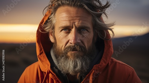 45-jähriger Mann mit Bart und leicht grauen Haaren trägt orangefarbene Kapuzenjacke zum Sonnenuntergang 