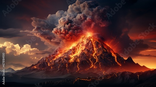 Dramatische Darstellung eines massiven Vulkanausbruchs bei Nacht mit Magma, Lava, Blitzen, Feuer und Wolken photo
