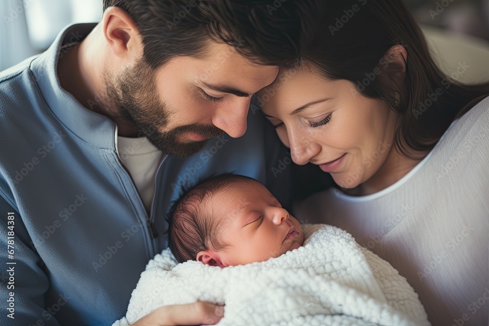 Loving family portrait: father and mother with newborn baby, radiating affection and happiness at home. - obrazy, fototapety, plakaty 