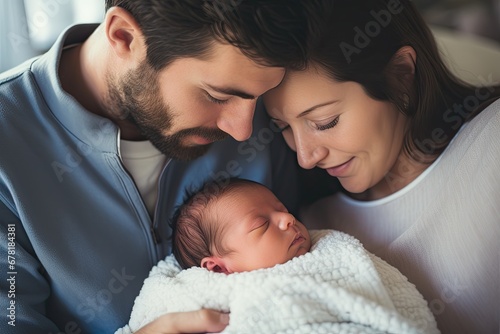 Loving family portrait: father and mother with newborn baby, radiating affection and happiness at home. photo