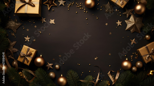 Christmas top view greeting template with decorations, confetti and gifts on dark background. Xmas an Happy New Year banner mockup