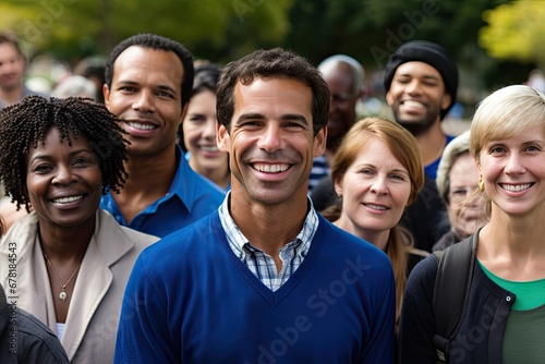 A diverse group of friends, consisting of men and women of different ethnic backgrounds, smile and laugh together. photo