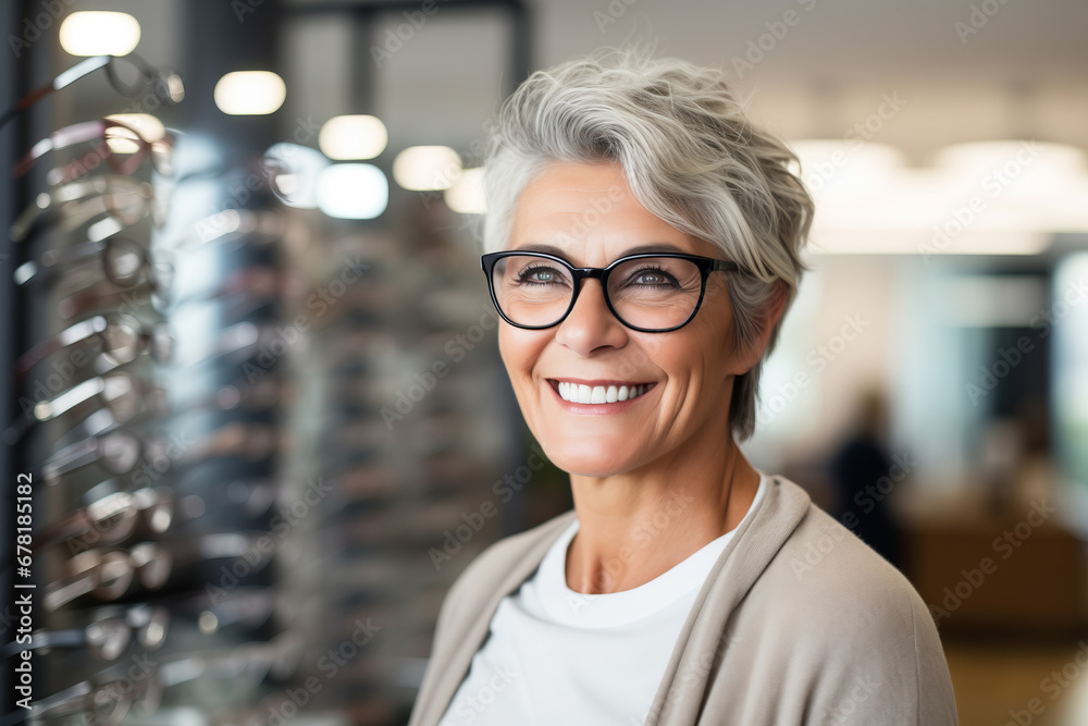 Portrait happy elder woman choosing glasses for vision eye at optical store Portrait happy elder woman choosing glasses for vision eye at optical store
