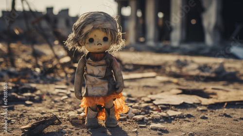 Alone dirt toy doll lies rubble of house. Concept destroy life of baby after accident war or earthquake. photo