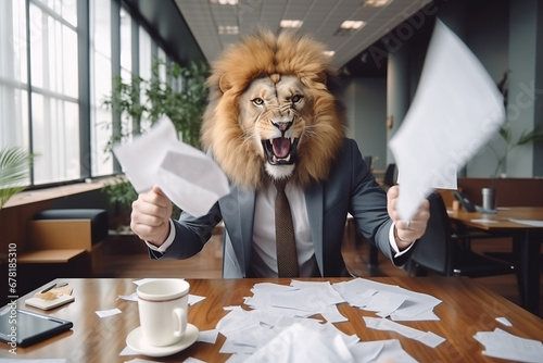 Concept furious lion businessman shouts and growls at meeting at his subordinates, throws paper. Expired contracts, boss beast in meet room. © Adin