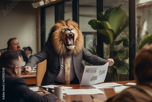 Concept furious lion businessman shouts and growls at meeting at his subordinates, throws paper. Expired contracts, boss beast in meet room. photo