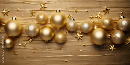 Christmas top view greeting template with golden balls on golden shiny background. Xmas an Happy New Year banner mock up.