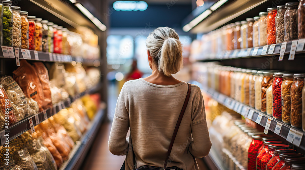 Rear view of unrecognizable lady with white hair in supermarket aisle