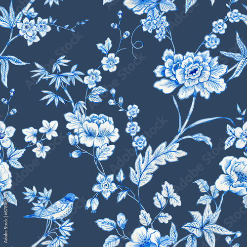 Fototapeta Naklejka Na Ścianę i Meble -  Beautiful floral seamless pattern with hand drawn watercolor wild blue and white herbs and flowers. Stock illustration.