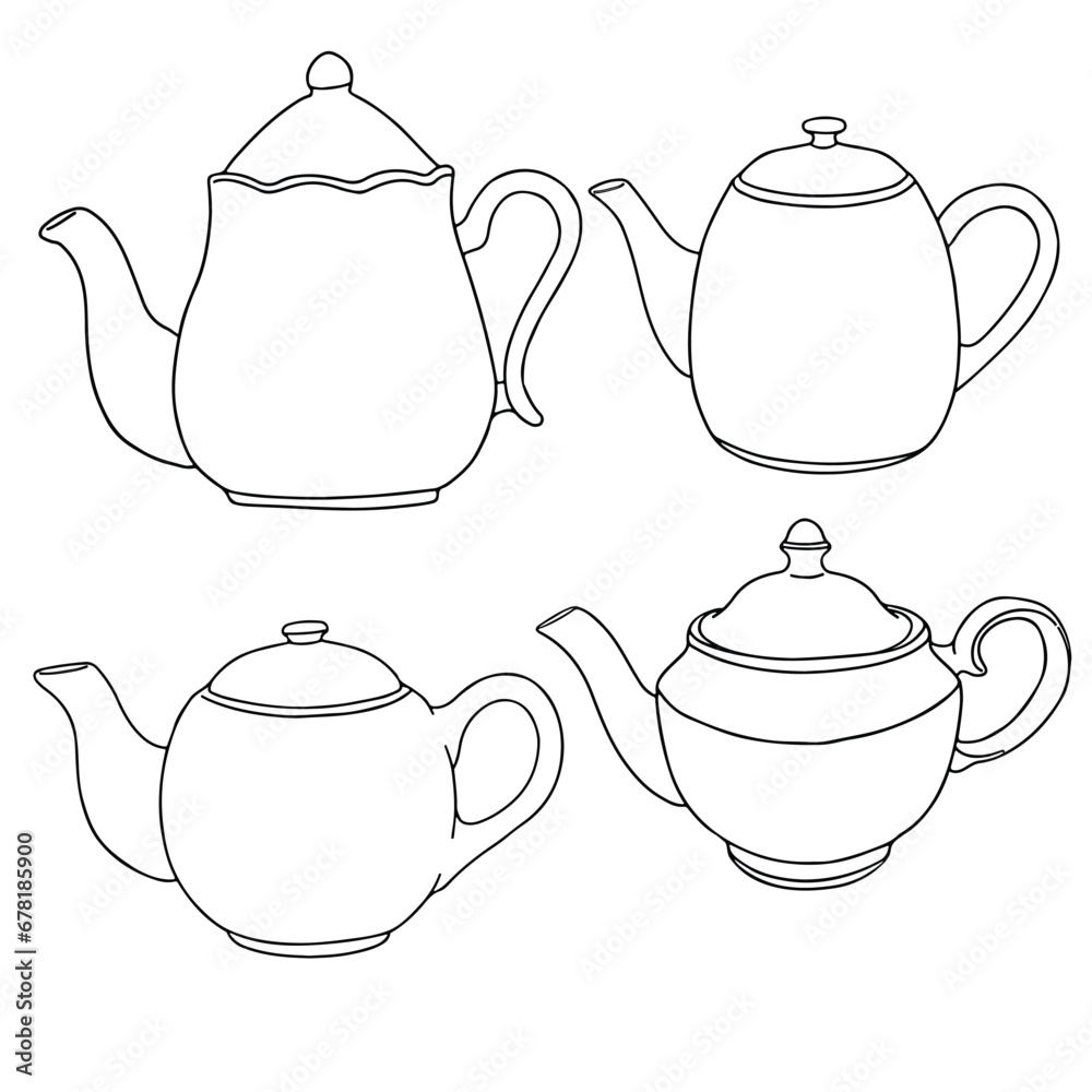 Hand drawn illustration, Doodle illustrations of teapot or kettle, Doodle style, Cartoon doodle hand drawn pattern, Line art vector illustration.