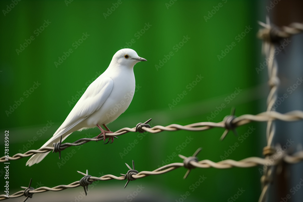 Obraz premium White dove of freedom on Pakistan flag background and barbed wire, concept Kashmir Solidarity Day 5th Feb