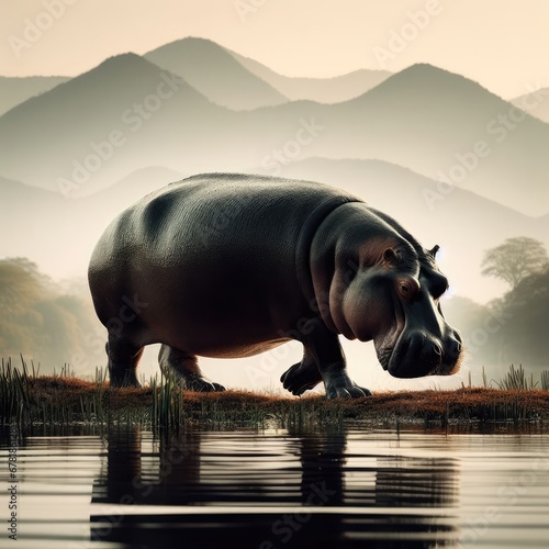 hippopotamus in water and fog