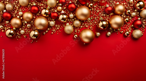 Christmas top view greeting template with golden and balls on red background. Xmas an Happy New Year banner mock up