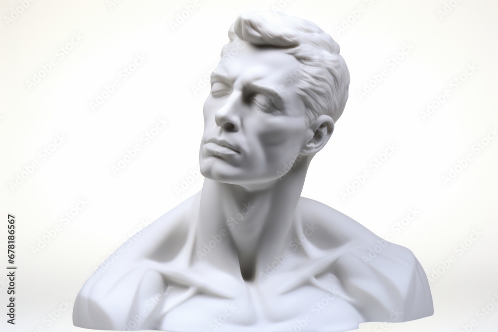 close up of a man head statue against white background