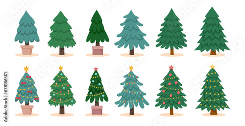 Set of Christmas trees isolated decorated and undecorated. Christmas concept. photo