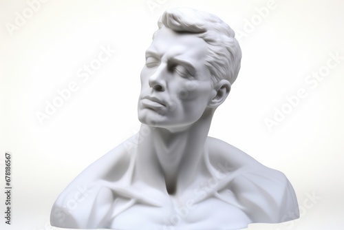 close up of a man head statue against white background