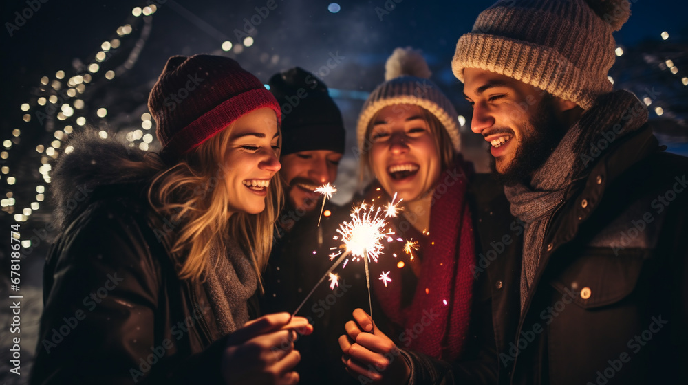 Happy friends with sparklers celebrate New year. Happy friends with sparklers celebrate New year.