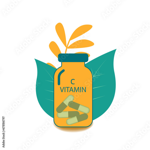 Composition from a transparent glass jar with vitamin C capsules. In the background there is decor in the form of plants. White background