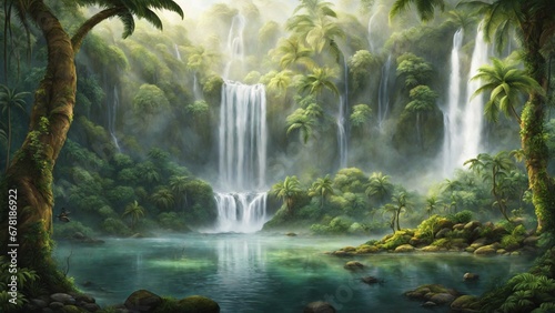 A waterfall in a tropical rainforest, capturing the cascading water, mist, and surrounding greenery.