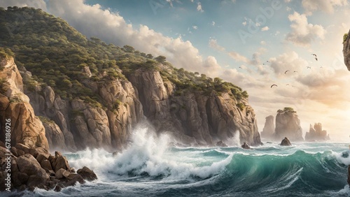 a coastal cliffside, with crashing waves, rugged rocks, and a distant view of the open sea.