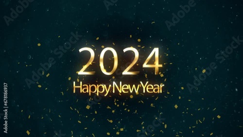 2024 animation Isolated on Black background, Festive illustration of golden metallic numbers. Animated text that says Happy New Year 2024. 3D Illustration. photo