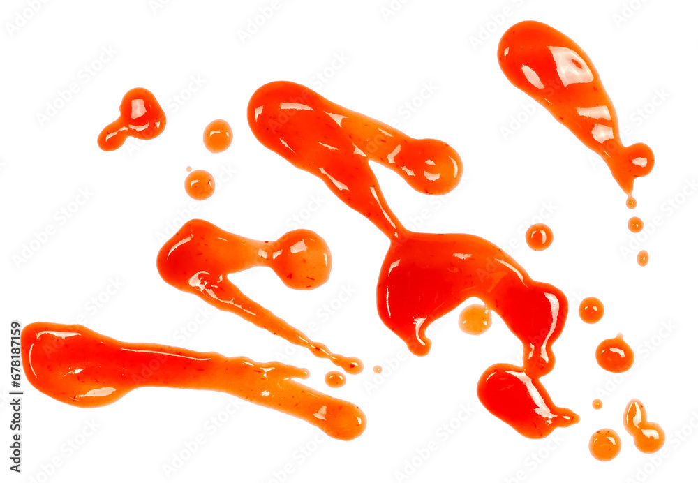 Chili sauce spilled isolated on white, top view
Chili sauce spilled isolated on white, top view