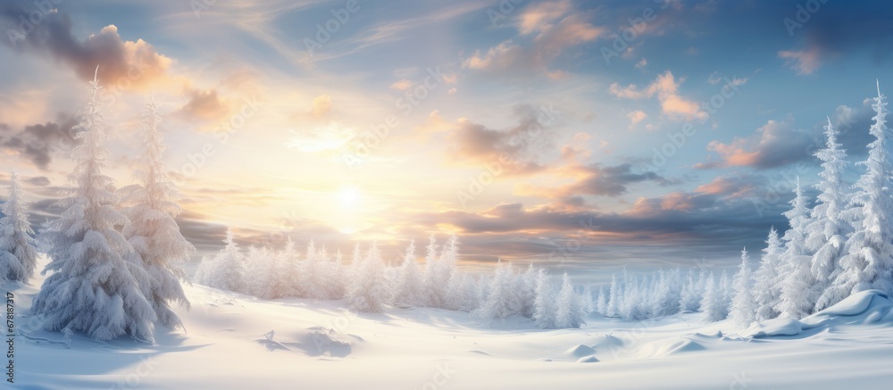 In the background of a winter landscape the suns gentle rays kissed the snow covered forest creating a stunning scene of white beauty under a sky adorned with fluffy clouds Amidst the tranqu