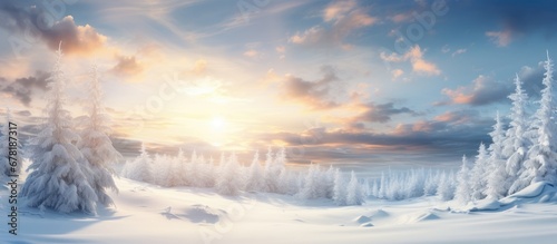 In the background of a winter landscape the suns gentle rays kissed the snow covered forest creating a stunning scene of white beauty under a sky adorned with fluffy clouds Amidst the tranqu © TheWaterMeloonProjec