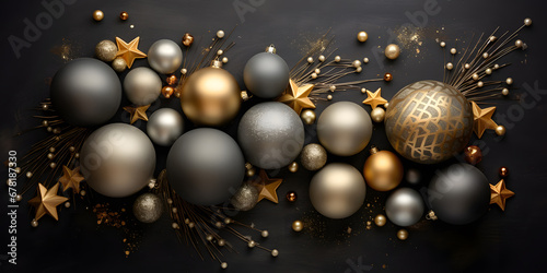 Christmas decorations on dark background. Golden and black balls, decorations, confetti. Xmas greeting card template. Happy New Year banner mockup