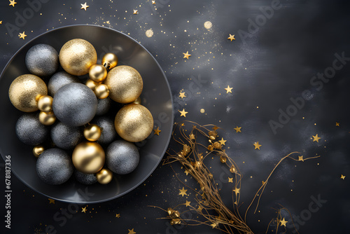 Christmas decorations on dark background. Golden and black balls  decorations  confetti.  Xmas greeting card template. Happy New Year banner mockup