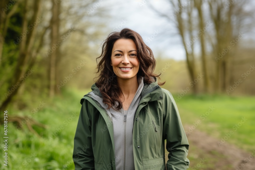 Portrait of a satisfied woman in her 40s dressed in a water-resistant gilet against a pastel green background. AI Generation