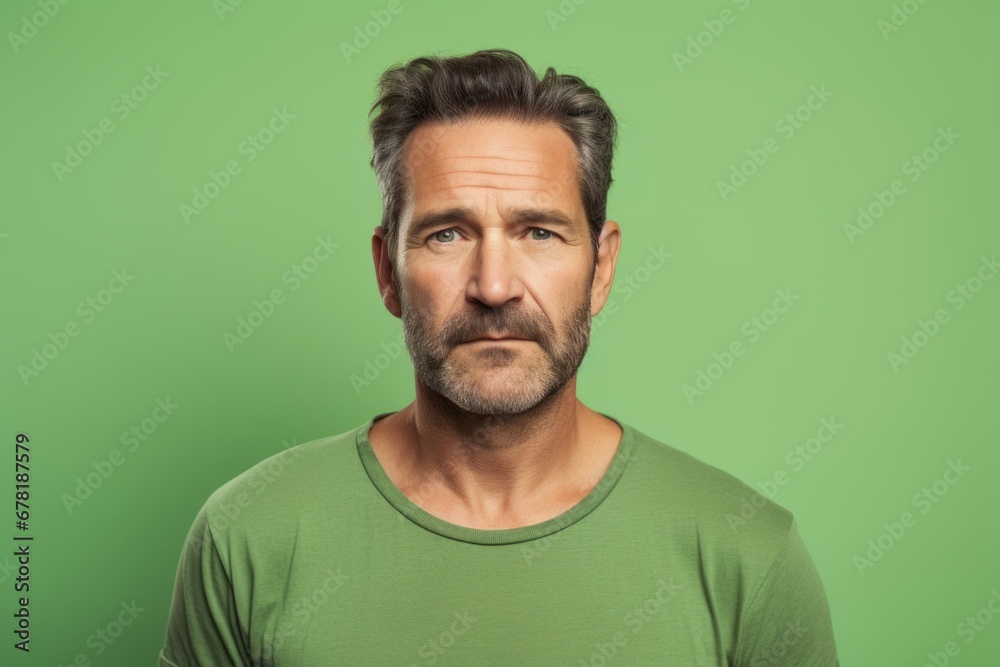 Portrait of a glad man in his 40s dressed in a casual t-shirt against a pastel green background. AI Generation Portrait of a glad man in his 40s dressed in a casual t-shirt against a pastel green background. AI Generation