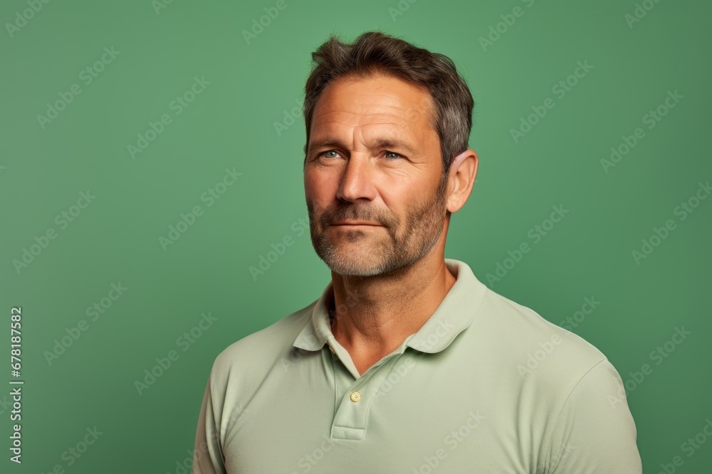Portrait of a satisfied man in his 40s donning a classy polo shirt against a pastel green background. AI Generation Portrait of a satisfied man in his 40s donning a classy polo shirt against a pastel green background. AI Generation