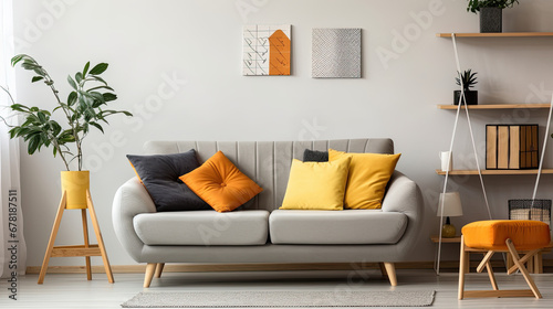 modern living room with sofa, Interior of modern living room with grey sofa, cushions and shelving unit © Planetz