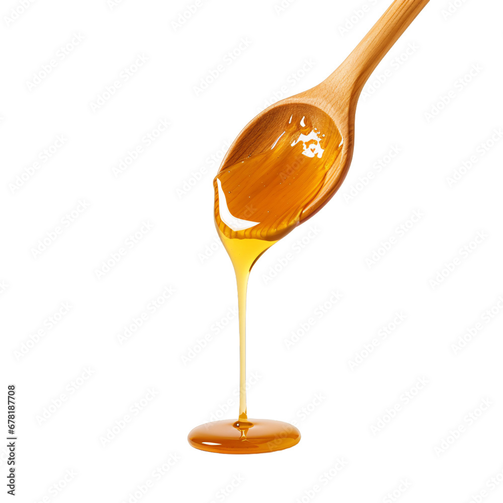 Thick bee honey dripping from a wooden spoon isolated Thick bee honey dripping from a wooden spoon isolated