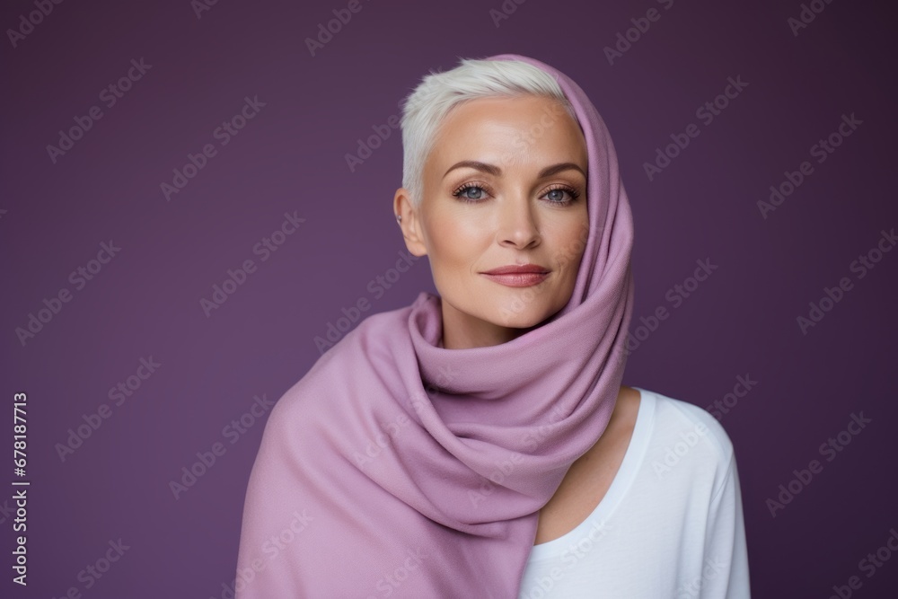 Portrait of a content woman in her 30s wearing a versatile buff against a pastel purple background. AI Generation Portrait of a content woman in her 30s wearing a versatile buff against a pastel purple background. AI Generation