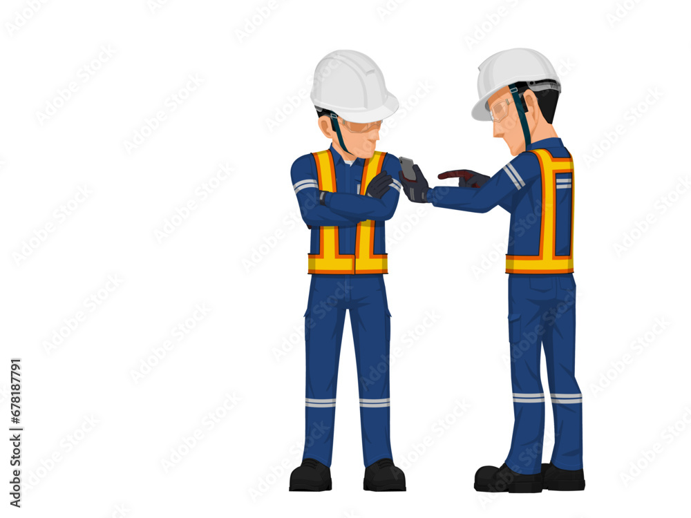 Two industrial worker are discussing on white background