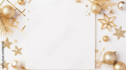 Christmas greeting card mockup with golden decorations on white background. Flat lay, top view, copy space.