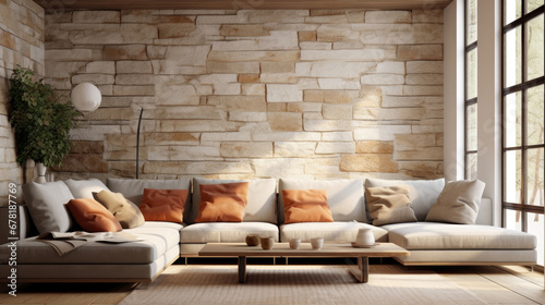 living room interior with beige stone wall, Corner sofa against window in room with stone cladding walls. Farmhouse style interior design of modern living room