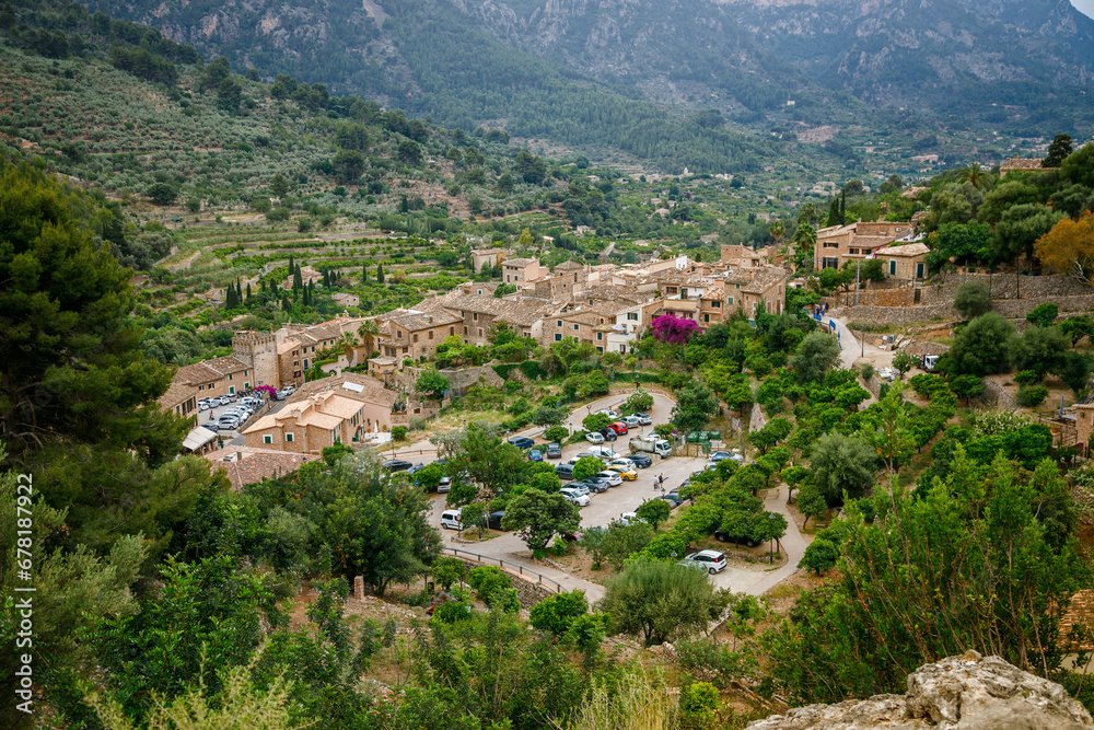 High view of quaint Fornalutx village in Mallorca
