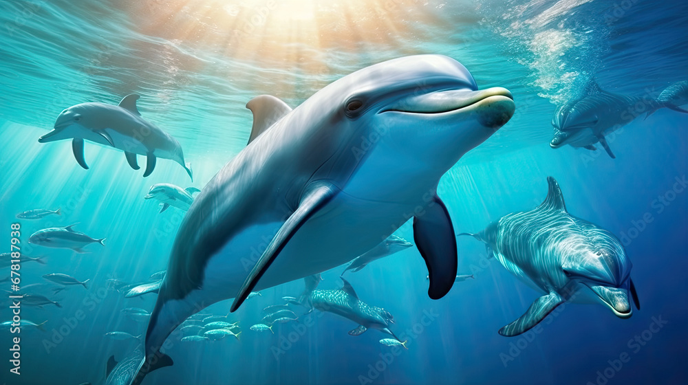 Naklejka premium dolphin in the sea, dolphins underwater in blue ocean. Dolphins family