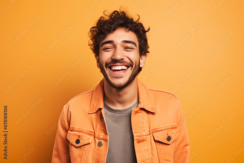 Portrait of a happy man in his 20s sporting a rugged denim jacket against a pastel orange background. AI Generation Portrait of a happy man in his 20s sporting a rugged denim jacket against a pastel orange background. AI Generation