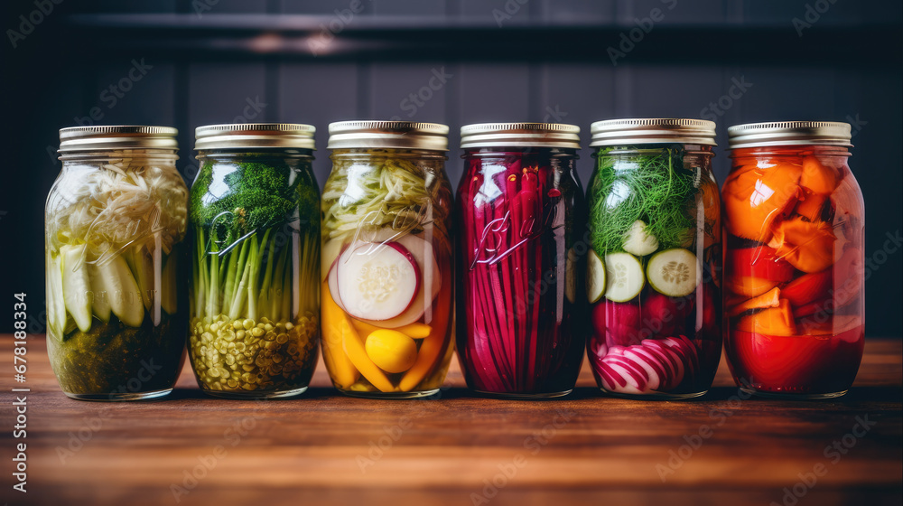 Fermented food, shot from above with copy space. Homemade vegetable preserves. Sauerkraut, pickles, kimchi etc in glass jars. Healthy probiotic diet.Fermented vegetables in jars Fermented food, shot from above with copy space. Homemade vegetable preserves. Sauerkraut, pickles, kimchi etc in glass jars. Healthy probiotic diet.Fermented vegetables in jars