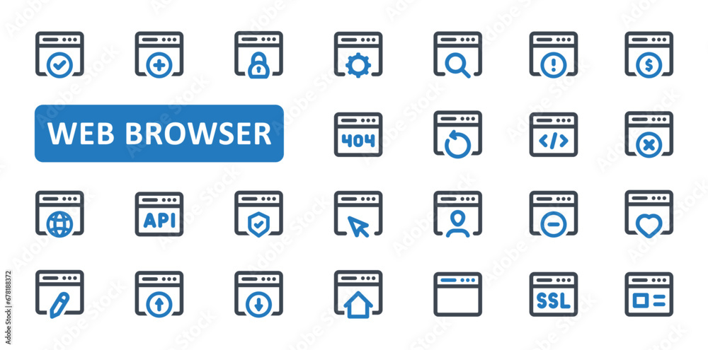 Web browser icon set. website, webpage, seo, development, window, page, internet, network, hosting, click, interface, site, error, search, icons. Thin Line Outline icon collection. Vector illustration Web browser icon set. website, webpage, seo, development, window, page, internet, network, hosting, click, interface, site, error, search, icons. Thin Line Outline icon collection. Vector illustration