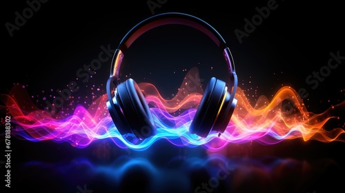 Headphones and soundwaves on dark background.  Concept of electronic music listening. Digital audio equipment photo