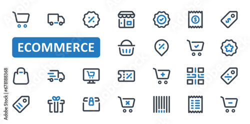 E-commerce icon set. ecommerce, online, shopping, shop, store, buy, purchase, commerce, cart, basket, price, tag, sale, discount, offer, icons. Thin Line Outline icon collection. Vector illustration