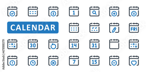 Calendar icon set. date, event, month, schedule, appointment, day, time, working, hour, deadline, timetable, estimate, plan, reminder, icons. Thin Line Outline icon collection. Vector illustration